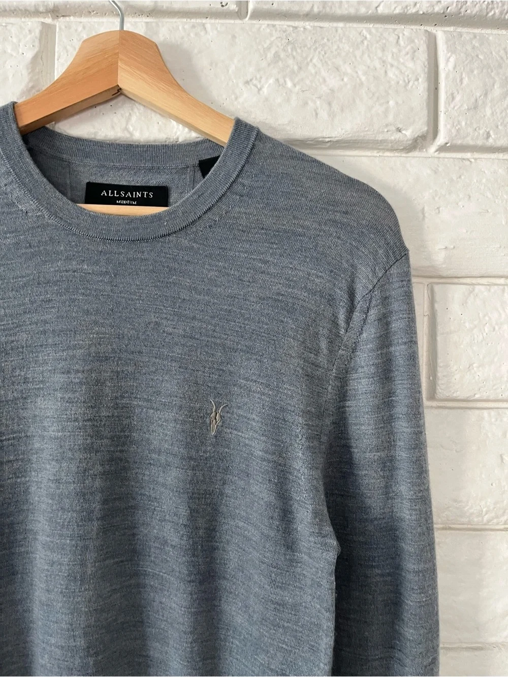 ALLSAINTS Wool Sweater Medium Mode Merino Crew Neck Ramskull Jumper Blue Grey
